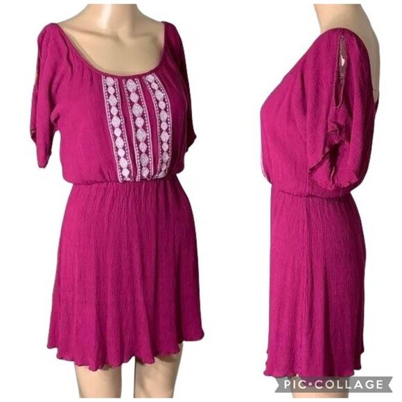 Maurices Womens Mini Dress Linen Flutter Cold Shoulder Sleeve Embroidered Pink - Picture 1 of 9